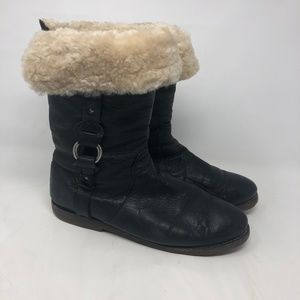 Frye Black Leather Shearling Pull On Winter Boots